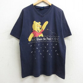 【中古】古着 半袖 ビンテージ ヴィンテージTシャツ レディース 00年代 00s ディズニー DISNEY くまのプーさん Vネック 紺 ネイビー 中古 | 春夏 春物 春服 秋冬 秋物 秋服 カットソー レディースファッション ロンT ロング丈 おしゃれ かわいい ロンティー ロングT ロ