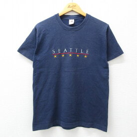 【中古】古着 フルーツオブザルーム 半袖 ビンテージ ヴィンテージTシャツ メンズ 90年代 90s シアトル 星 刺繍 コットン クルーネック 丸首 USA製 アメリカ製 紺 ネイビー Mサイズ 中古 | 春夏 夏物 夏服 ヴィンテージTシャツ メンズファッション カットソー ティーシ