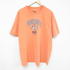 【中古】古着 半袖Tシャツ メンズ バージン ゴルダ 魚 大きいサイズ 2L LL ビッグシルエット ゆったり ビッグサイズ オーバーサイズ コットン クルーネック 丸首 オレンジ XLサイズ 中古 中古メンズ半袖プリントキャラクター