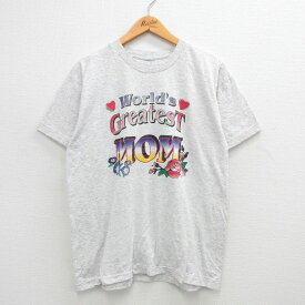 【中古】古着 半袖 ビンテージ ヴィンテージTシャツ メンズ 90年代 90s MOM 花 ハート クルーネック 丸首 薄グレー 霜降り XLサイズ 中古 | 春夏 夏物 夏服 ヴィンテージTシャツ メンズファッション カットソー ティーシャツ ティシャツ メンズTシャツ 半袖Tシャツ 半