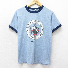 【中古】古着 半袖 ビンテージ ヴィンテージTシャツ メンズ 80年代 80s 船 クルーネック 丸首 USA製 アメリカ製 薄紺 ネイビー 霜降り リンガー XLサイズ 中古 | 春夏 夏物 夏服 ヴィンテージTシャツ メンズファッション カットソー ティーシャツ ティシャツ メンズTシ