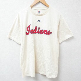 【中古】古着 マジェスティック 半袖Tシャツ メンズ MLB クリーブランドインディアンズ ルーブードロー 5 コットン クルーネック 丸首 薄ベージュ カーキ メジャーリーグ ベースボール 野球 Lサイズ 中古 中古メンズ半袖プリントキャラクター