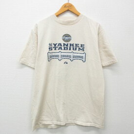 【中古】古着 マジェスティック 半袖 ビンテージ ヴィンテージTシャツ メンズ 00年代 00s MLB ニューヨークヤンキース コットン クルーネック 丸首 薄ベージュ カーキ メジャーリーグ ベースボール 野球 Lサイズ 中古 | 春夏 夏物 夏服 ヴィンテージTシャツ メンズファ