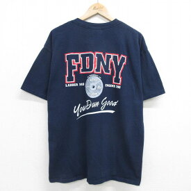 【中古】古着 半袖 ビンテージ ヴィンテージTシャツ メンズ 00年代 00s 消防署 FDNY コットン クルーネック 丸首 紺 ネイビー XLサイズ 中古 | 春夏 夏物 夏服 ヴィンテージTシャツ メンズファッション カットソー ティーシャツ ティシャツ メンズTシャツ 半袖Tシャツ