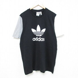 【中古】古着 アディダス adidas 半袖 ブランドTシャツ メンズ ビッグロゴ リーフ トレフォイル ツートンカラー バイカラー クルーネック 丸首 黒他 ブラック XLサイズ 中古 | 春夏 夏物 夏服 メンズファッション カットソー ティーシャツ ティシャツ メンズTシャツ 半