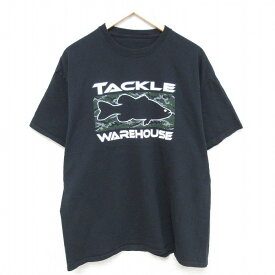 【中古】古着 半袖Tシャツ メンズ TACKLE WAREHOUSE 魚 クルーネック 丸首 黒 ブラック XLサイズ 中古 中古メンズ半袖プリントキャラクター