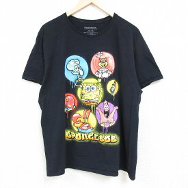 【中古】古着 半袖Tシャツ メンズ ニコロデオン アニメ スポンジボブ イカルドテンタクルズ パトリック コットン クルーネック 丸首 黒 ブラック XLサイズ 中古 中古メンズ半袖プリントキャラクター