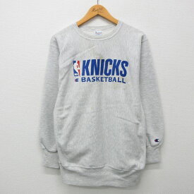 【中古】古着 長袖 チャンピオン Champion リバースウィーブ メンズ 90年代 90s NBA ニューヨークニックス ワンポイントロゴ クルーネック 丸首 USA製 アメリカ製 グレー 霜降り バスケットボール Lサイズ 中古スウェット スエット トレーナー トップス | 春夏 春物 春