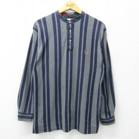 【中古】古着 トミーヒルフィガー TOMMY HILFIGER 長袖 ブランド トップス メンズ 90年代 90s ワンポイントロゴ コットン ノーカラー 鹿の子 紺他 ネイビー ストライプ Mサイズ 中古 | 春夏 春物 春服 秋冬 秋物 秋服 カジュアルシャツ メンズファッション 長袖シャツ