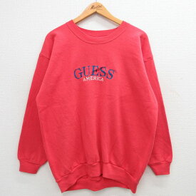 【中古】古着 GUESS ゲス 長袖スウェット メンズ 90年代 90s ビッグロゴ アメリカ 刺繍 クルーネック 丸首 USA製 アメリカ製 赤 レッド Lサイズ 中古 スエット トレーナー トップス | 春夏 春物 春服 秋冬 秋物 秋服 メンズファッション カジュアル おしゃれ ファッシ