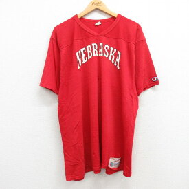 【中古】古着 チャンピオン champion 半袖 ビンテージ ヴィンテージ フットボールTシャツ メンズ 80年代 80s ネブラスカ 大きいサイズ 2L LL ビッグシルエット ゆったり ビッグサイズ オーバーサイズ Vネック USA製 アメリカ製 赤 レッド XLサイズ 中古 | 春夏 春物 春