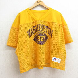 【中古】古着 ラッセル 半袖 ビンテージ ヴィンテージ フットボールTシャツ メンズ 90年代 90s ワシントン 17 大きいサイズ 2L LL ビッグシルエット ゆったり ビッグサイズ オーバーサイズ メッシュ地 Vネック USA製 アメリカ製 黄 イエロー ユニフォーム ゲームシャツ