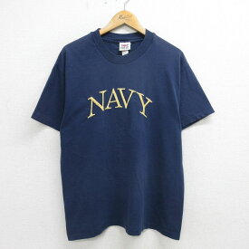 【中古】古着 半袖 ビンテージ ヴィンテージTシャツ メンズ 90年代 90s NAVY ネイビー 刺繍 コットン クルーネック 丸首 USA製 アメリカ製 紺 Lサイズ 中古 | 春夏 夏物 夏服 ヴィンテージTシャツ メンズファッション カットソー ティーシャツ ティシャツ メンズTシャ