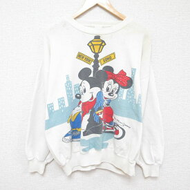 【中古】古着 長袖スウェット メンズ 90年代 90s ディズニー DISNEY ミッキー MICKEY MOUSE ミニー 大きいサイズ 2L LL ビッグシルエット ゆったり ビッグサイズ オーバーサイズ クルーネック 丸首 白 ホワイト XLサイズ 中古 スエット トレーナー トップス | 春夏 春