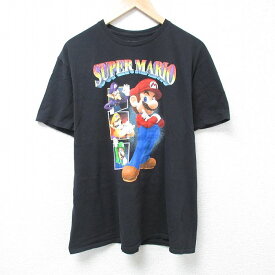 【中古】古着 半袖Tシャツ メンズ ゲーム ニンテンドー スーパーマリオ 大きいサイズ 2L LL ビッグシルエット ゆったり ビッグサイズ オーバーサイズ コットン クルーネック 丸首 黒 ブラック XLサイズ 中古 中古メンズ半袖プリントキャラクター