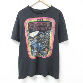 【中古】古着 半袖Tシャツ メンズ ドラマ ストレンジャーシングス 大きいサイズ 2L LL ビッグシルエット ゆったり ビッグサイズ オーバーサイズ クルーネック 丸首 黒 ブラック XLサイズ 中古 中古メンズ半袖プリントキャラクター