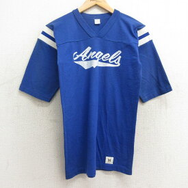 【中古】古着 5分袖 ビンテージ ヴィンテージ フットボールTシャツ メンズ 80年代 80s Angels コーチ COACH フロッキープリント Vネック USA製 アメリカ製 青他 ブルー Sサイズ 小さいサイズ 中古 | 春夏 春物 春服 秋冬 秋物 秋服 メンズファッション ロンT カットソ