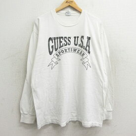 【中古】古着 ゲス GUESS 長袖 ビンテージ ヴィンテージTシャツ メンズ 90年代 90s ビッグロゴ 大きいサイズ 2L LL ビッグシルエット ゆったり ビッグサイズ オーバーサイズ コットン クルーネック 丸首 USA製 アメリカ製 白 ホワイト XLサイズ 中古 | 春夏 春物 春服