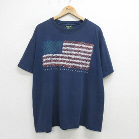 【中古】古着 アメリカンイーグル American Eagle 半袖 ビンテージ ヴィンテージTシャツ メンズ 90年代 90s 星条旗 大きいサイズ 2L LL ビッグシルエット ゆったり ビッグサイズ オーバーサイズ コットン クルーネック 丸首 USA製 アメリカ製 紺 ネイビー XLサイズ 中