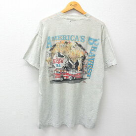 【中古】古着 フルーツオブザルーム 半袖 ビンテージ ヴィンテージTシャツ メンズ 90年代 90s 消防車 大きいサイズ 2L LL ビッグシルエット ゆったり ビッグサイズ オーバーサイズ クルーネック 丸首 USA製 アメリカ製 グレー 霜降り XLサイズ 中古 | 春夏 夏物 夏服