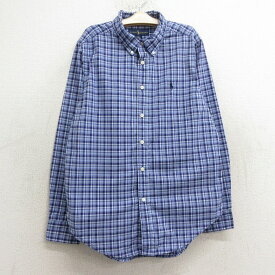 【中古】古着 ラルフローレン Ralph Lauren 長袖 ブランドシャツ キッズ ボーイズ 子供服 ワンポイントロゴ コットン ボタンダウン 薄紺 ネイビー チェック | 春夏 春物 春服 秋冬 秋物 秋服 女の子 子ども服 こども服 カジュアル ファッション おしゃれ かわいい