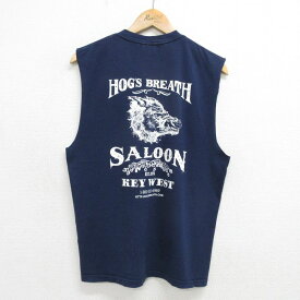 【中古】古着 フルーツオブザルーム ノースリーブ ビンテージ ヴィンテージTシャツ メンズ 00年代 00s イノシシ HOGS BREATH SALOON コットン クルーネック 丸首 紺 ネイビー Lサイズ 中古 春夏 夏物 夏服 メンズファッション カジュアル おしゃれ