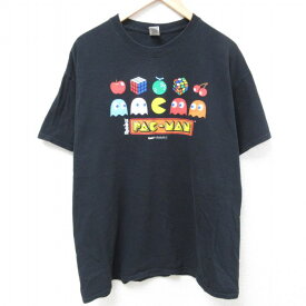 【中古】古着 半袖Tシャツ メンズ ゲーム バンダイ ナムコ パックマン コットン クルーネック 丸首 黒 ブラック XLサイズ 中古 中古メンズ半袖プリントキャラクター