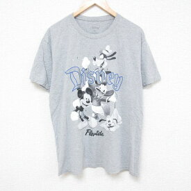 【中古】古着 半袖Tシャツ メンズ ディズニー DISNEY ミッキー MICKEY MOUSE クルーネック 丸首 グレー 霜降り Lサイズ 中古 中古メンズ半袖プリントキャラクター