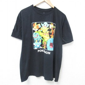 【中古】古着 半袖Tシャツ メンズ アニメ ニンテンドー ポケモン ポケットモンスター ピカチュウ コットン クルーネック 丸首 黒 ブラック XLサイズ 中古 中古メンズ半袖プリントキャラクター