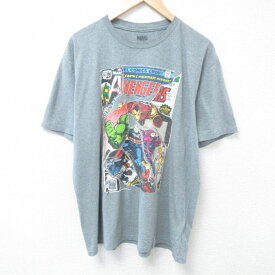 【中古】古着 半袖Tシャツ メンズ マーベル アベンジャーズ クルーネック 丸首 グレー 霜降り XLサイズ 中古 中古メンズ半袖プリントキャラクター