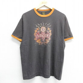 【中古】古着 ラッキーブランド Lucky Brand 半袖 ビンテージ ヴィンテージTシャツ メンズ 90年代 90s コットン クルーネック 丸首 USA製 アメリカ製 グレー他 リンガー Lサイズ 中古 | 春夏 夏物 夏服 ヴィンテージTシャツ メンズファッション カットソー ティーシャ