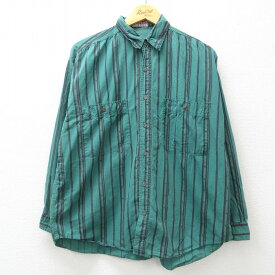 【中古】古着 長袖シャツ メンズ 90年代 90s コットン 緑他 グリーン ストライプ XLサイズ 中古 トップス | 春夏 春物 春服 秋冬 秋物 秋服 カジュアルシャツ メンズファッション 長袖シャツ おしゃれ カジュアル