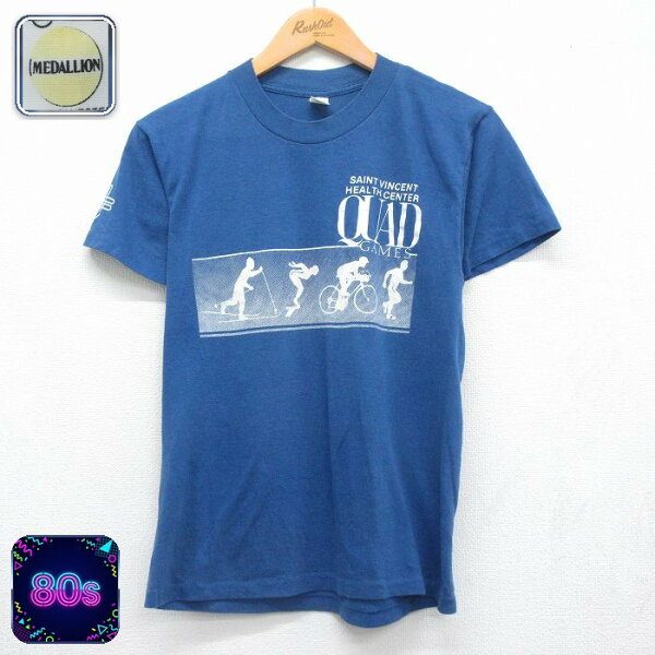 【中古】古着 80s 半袖Tシャツ メンズ ブルー QUAD GAMES Sサイズ相当 レトロ ゲーム プリント ストリート カジュアル アメカジ きれいめ ヴィンテージ オールド
