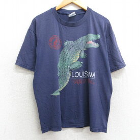 【中古】古着 ヘインズ Hanes 半袖 ビンテージ ヴィンテージTシャツ メンズ 00年代 00s ワニ ルイジアナ クルーネック 丸首 紺 ネイビー 【spe】 XLサイズ 中古 | 春夏 夏物 夏服 ヴィンテージTシャツ メンズファッション
