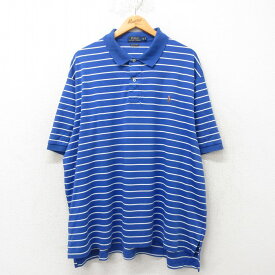 【中古】古着 ラルフローレン Ralph Lauren 半袖 ブランド ポロシャツ メンズ ワンポイントロゴ 大きいサイズ 2L LL ビッグシルエット ゆったり ビッグサイズ オーバーサイズ コットン 青 ブルー ボーダー XLサイズ 中古 トップス | 春夏 春物 春服 夏物 夏服 カ