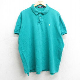 【中古】古着 ラルフローレン Ralph Lauren 半袖 ブランド ポロシャツ メンズ 90年代 90s ワンポイントロゴ 鹿の子 大きいサイズ 2L LL ビッグシルエット ゆったり ビッグサイズ オーバーサイズ コットン USA製 アメリカ製 青緑 XLサイズ 中古 トップス | 春夏 春