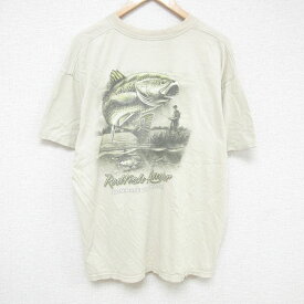 【中古】古着 半袖 ビンテージ ヴィンテージTシャツ メンズ 00年代 00s 魚 大きいサイズ 2L LL ビッグシルエット ゆったり ビッグサイズ オーバーサイズ コットン クルーネック 丸首 薄ベージュ カーキ XLサイズ 中古 | 春夏 夏物 夏服 ヴィンテージTシャツ メン