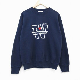 【中古】古着 長袖スウェット メンズ 90年代 90s W 刺繍 クルーネック 丸首 USA製 アメリカ製 紺 ネイビー Mサイズ 中古 スエット トレーナー トップス | 春夏 春物 春服 秋冬 秋物 秋服 メンズファッション カジュアル おしゃれ ファッション