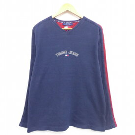 【中古】古着 長袖 ビンテージ ヴィンテージ グランド サーマルTシャツ 90年代 90s トミーヒルフィガー TOMMY HILFIGER ビッグロゴ 刺繍 コットン Vネック 紺 ネイビー ライン Lサイズ 中古 メンズ | 春夏 春物 春服 秋冬 秋物 秋服 メンズファッション ロンT カットソ