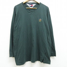 【中古】古着 長袖 ブランドTシャツ 90年代 90s トミーヒルフィガー TOMMY HILFIGER ワンポイントロゴ 大きいサイズ 2L LL ビッグシルエット ゆったり ビッグサイズ オーバーサイズ コットン クルーネック 丸首 濃緑 グリーン XLサイズ 中古 メンズ | 春夏 春物 春服 0OF