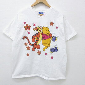 【中古】古着 レディース 半袖Tシャツ ディズニー DISNEY くまのプーさん ティガー 大きいサイズ 2L LL ビッグシルエット ゆったり ビッグサイズ オーバーサイズ コットン Vネック 白 ホワイト 中古 | 春夏 春物 春服 秋冬 秋物 秋服 カットソー レディースファッショ