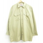 【中古】古着 ディッキーズ Dickies 長袖 ワークシャツ メンズ ワンポイントロゴ 大きいサイズ 2L LL ビッグシルエット ゆったり ビッグサイズ オーバーサイズ ロング丈 ベージュ カーキ XLサイズ 中古 トップス | 春夏 春物 春服 秋冬 秋物 秋服 カジュアルシャツ メ 7OF