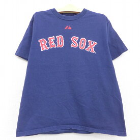 【中古】古着 マジェスティック 半袖Tシャツ キッズ ボーイズ 子供服 MLB ボストンレッドソックス ジョシュベケット コットン クルーネック 丸首 紺 ネイビー メジャーリーグ ベースボール 野球 | 春夏 春物 春服 秋冬 秋物 秋服 女の子 子ども服 こども服 カジュアル