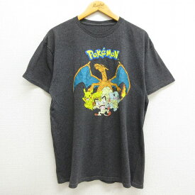 【中古】古着 半袖Tシャツ メンズ アニメ ポケットモンスター ポケモン ピカチュウ ニャース クルーネック 丸首 濃グレー 霜降り Lサイズ 中古 中古メンズ半袖プリントキャラクター 0OF