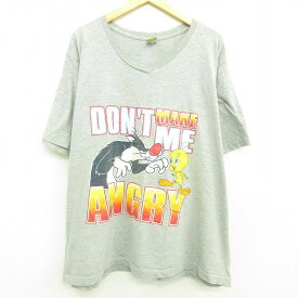 【中古】古着 半袖 ビンテージ ヴィンテージTシャツ レディース 00年代 00s ルーニーテューンズ LOONEY TUNES シルベスター トゥイーティ 大きいサイズ 2L LL ビッグシルエット ゆったり ビッグサイズ オーバーサイズ Vネック グレー 霜降り 中古 | 春夏 春物 春服 秋