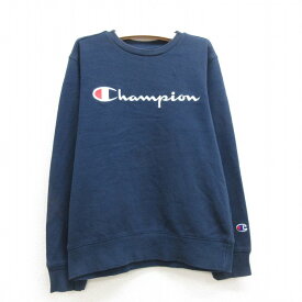 【中古】古着 チャンピオン champion 長袖スウェット キッズ ボーイズ 子供服 ビッグロゴ 刺繍 クルーネック 丸首 紺 ネイビー | 春夏 春物 春服 秋冬 秋物 秋服 女の子 子ども服 こども服 カジュアル ファッション おしゃれ かわいい 5OF