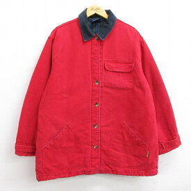 【中古】古着 ディッキーズ Dickies 長袖ジャケット レディース 襟コーデュロイ 大きいサイズ 2L LL ビッグシルエット ゆったり ビッグサイズ オーバーサイズ ロング丈 ダック地 コットン 赤 レッド 内側キルティング 中古 アウター ジャンパー ブルゾン | 秋冬 秋物