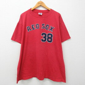 【中古】古着 マジェスティック 半袖 ビンテージ ヴィンテージTシャツ メンズ 00年代 00s MLB ボストンレッドソックス カートシリング 38 大きいサイズ 2L LL ビッグシルエット ゆったり ビッグサイズ オーバーサイズ コットン クルーネック 丸首 赤 レッド メジャーリ