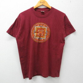 【中古】古着 半袖 ビンテージ ヴィンテージTシャツ メンズ 00年代 00s 刺繍 コットン クルーネック 丸首 エンジ Lサイズ 中古 | 春夏 夏物 夏服 ヴィンテージTシャツ メンズファッション カットソー ティーシャツ ティシャツ メンズTシャツ 半袖Tシャツ 半袖ティーシ