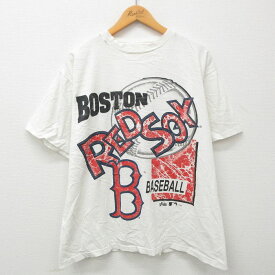 【中古】古着 マジェスティック 半袖 ビンテージ ヴィンテージTシャツ メンズ 90年代 90s MLB ボストンレッドソックス クルーネック 丸首 白 ホワイト メジャーリーグ ベースボール 野球 XLサイズ 中古 | 春夏 夏物 夏服 ヴィンテージTシャツ メンズファッション カッ